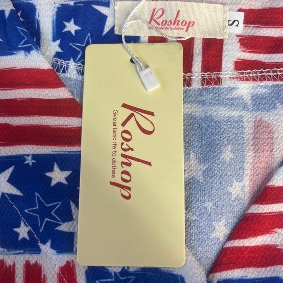 Roshop Flag Print Tie Button Front Shirt Womens Small Blue Red New Short Sleeve - Picture 10 of 10
